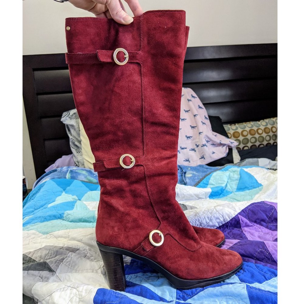 **SOLD** Knee high red suede women's heeled boots